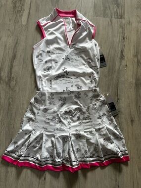 NWT Lucky in Love White Scenic Print Golf/Tennis Set with Pink Hem